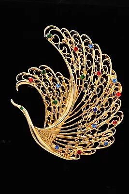 Vintage Bird Peacock Pin Brooch Long Feather Rhinestone Crystal Gold 1980s BinAH • $26.36