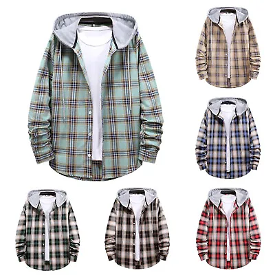 $22.94 • Buy Mens Flannel Plaid Hoodie Shirts Jacket Casual Button Down Long Sleeve Lightweig