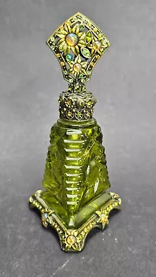 Vintage Czech Bohemian Art Deco Light Green Glass Jeweled Perfume Bottle • $70