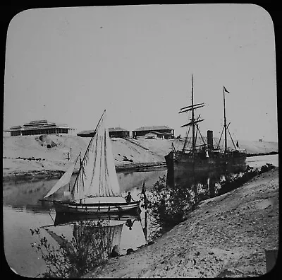 STEAMER SHIP IN THE SUEZ CANAL 1903 OLD PHOTOGRAPH Magic Lantern Slide EGYPT • $18.50