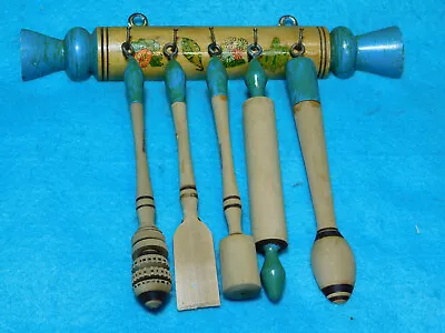 Vintage Mexican Wooden Folk Art Mini Rolling Pin Rack & Five Hooks Plus Utensils • $21