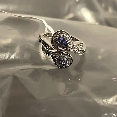 Genuine Tanzanite And Cambodian Zircon Platinum 925 Silver Bypass Ring Size O • £29
