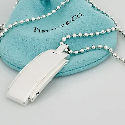 24  Tiffany & Co Metropolis Dog Tag Pendant Bead Necklace Mens Unisex In Silver • $389