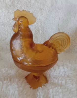 Vintage Rooster Chicken Footed Covered Pedestal Amber Glass Candy Dish  • $22.99