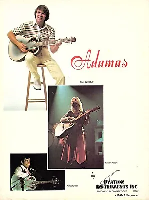 Vtg 70s OvATION MAGAZINE PRINT AD Guitar Glen Campbell Nancy Wilson Marcel Dadi • $7.99