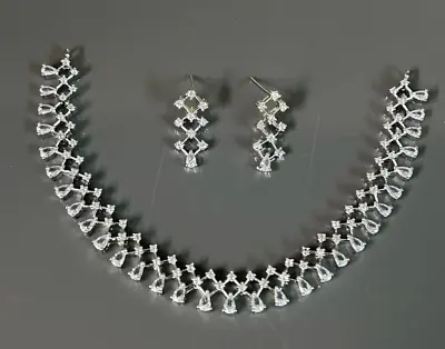 Indian Bollywood Silver Plated Ethnic AD CZ Jewelry Earrings Necklace Bridal Set • $16.90