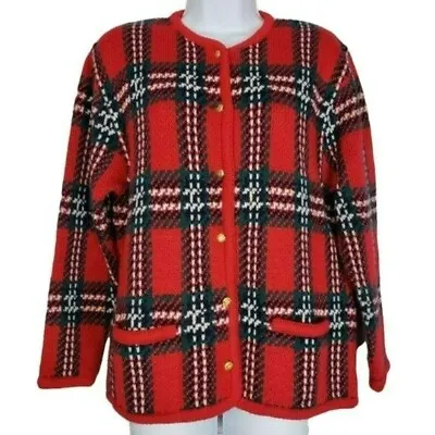 Crystal Kobe Vintage Cardigan Sweater M Plaid Red Green Christmas Knit Holiday • $21.83