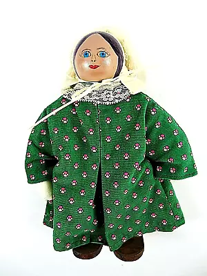 Handmade Wooden Doll 9.5 Inches Wearing Green Ribbed Dress Muslin Bonnet • $11.69