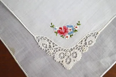 Vintage Hanky White Lace Corner With Delicate Petit Point Floral Embroidery • $2.99