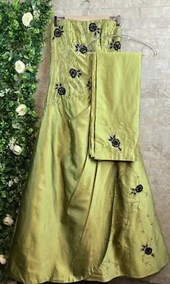Vtg Rose Taft Couture Silk Beaded Floral Strapless Evening Dress Gown Green Sz 8 • $324.99
