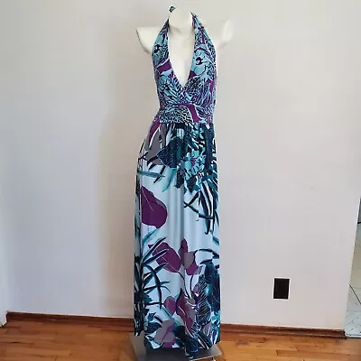 Soma Maxi Dress Large Botanical Print Jersey Knit Self Tie Halter Open Back Long • $28.87