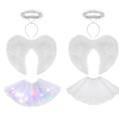 White Angel Costume Feather Wings Girls Halloween Fancy Dress Xmas Outfit Party • £12.98