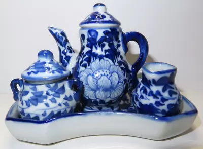 Vintage Miniature Childs Tea Set Service For 2 In Blue & White - Missing A Cup • $14.50