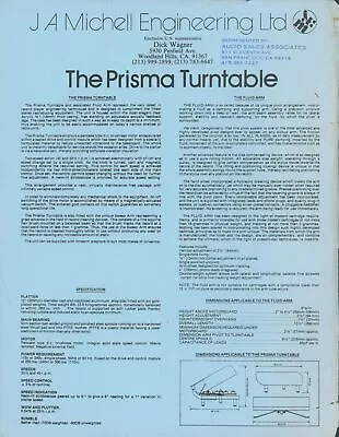 1979 J A Michell Prisma Turntable Vintage Dealer Spec Brochure Original HiFi USA • $17.50