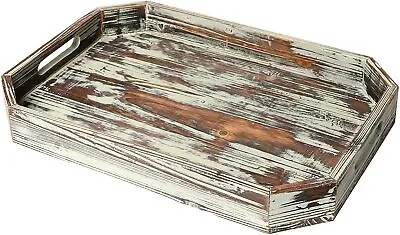 Torched Wood Serving Breakfast Tray W/ Handles & Angled Edges Decorative Tray • $32.99