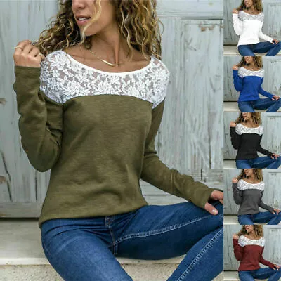 Womens Long Sleeve Lace T Shirt Blouse Pullover Lady Casual Tee Jumper Tops Fall • £9.79