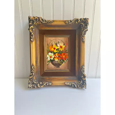 Vintage Floral Oil Painting Yellow Orange Flowers Basket Ornate Framing Original • $58.99