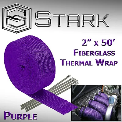 2  X 50FT Exhaust Header Fiberglass Heat Wrap Tape W/ 5 Steel Ties - Purple (W) • $42.89