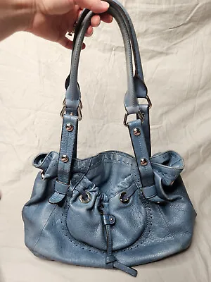 B Makowsky Handbag Blue Leather Silver Studded Slouchy Organizer Shoulder Bag • $20.97