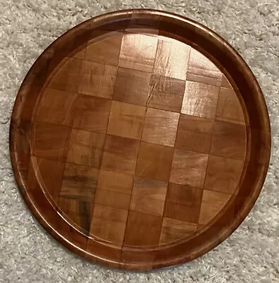 Vintage Round Parquet Woven Wood Serving Tray Barware Food Service 13 Inches • $19