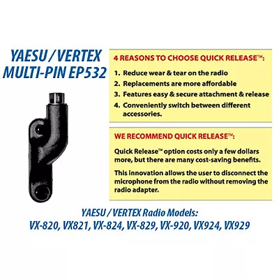 Earphone Connection Q-Release Adapter For Vertex Standard VX Radios (See List) • $48.75