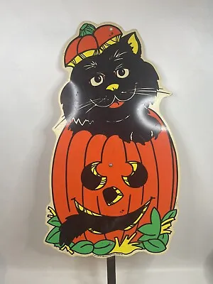 Vintage Halloween Black Cat In A Pumpkin Sidewalk Yard Decoration Sign From 1997 • $24