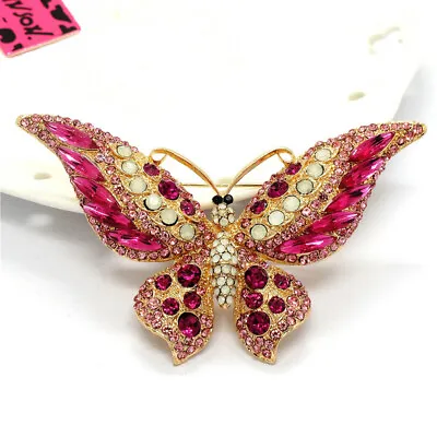 Fashion Women Lovely Rhinestone Pink Butterfly Crystal Charm Brooch Pin • $3.95