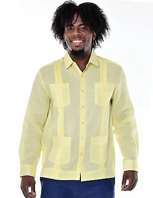 £52.60 • Buy Bohio Linen Cuban Guayabera Shirt For Men- Yellow Traditional 4 Pocket -MLS501