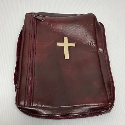 Brown Leather Handle Bible Book Cover Size 10X7X1.5 Inch Cross Talon Zipper Vtg • $48.77