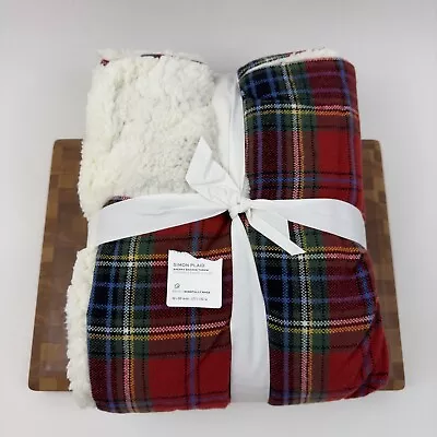Pottery Barn Simon Plaid Sherpa Backed Throw Blanket 50”x60” Ivory Multi NWOT • $89.95