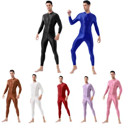 Men's Glossy One Piece Jumpsuit Stretchy Tights Front Zip Fitness Gym Bodysuit • $17.66