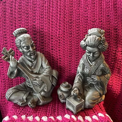 MCM Universal Statuary Corp Asian Couple Chalkware Green Figures 1962 Set Of 2 • $35