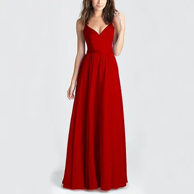 Womens Wedding Bridesmaid Dress V Neck Maxi Evening Party Prom Ball Gown Dresses • £22.67