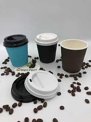 RIPPLE Paper Cups BLUE BROWN BLACK Coffee Hot Drinks LIDS Disposable 50 X 8oz • £6.89