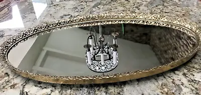 Vtg Large Oval Vanity Tray Gold Gilt Mirror Filigree Dresser 22” X 14” A Beauty! • $99.99