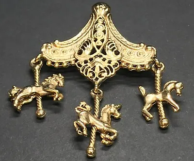 Vintage Carousel Dangle Horse Unicorn Brooch Filigree Gold Large Openwork Nice  • £24.10