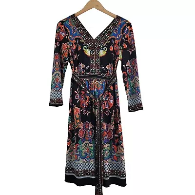 ECI NY Womens Sz M Colorful Paisley Floral Boho Midi Dress V-neck Stretch Casual • $18.99