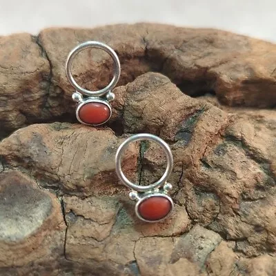 Vintage Native American Coral Stamped Sterling Silver Navajo Post Earrings • $55