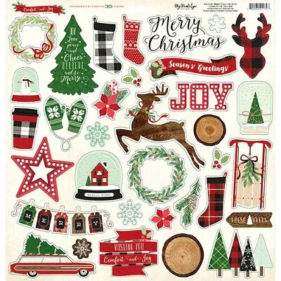 Christmas Winter Comfort Joy Reindeer Tree Mittens Sled My Mind's Eye Chipboard  • $5.99