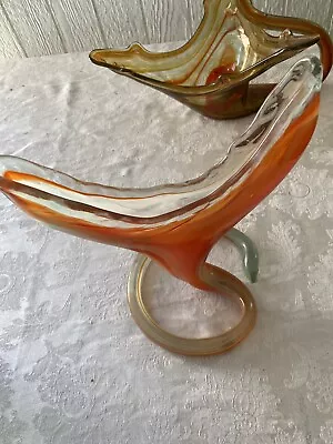 Vintage Murano Style Art Glass Orange Swirl Trumpet Vase With Coil Base - Flames • $24