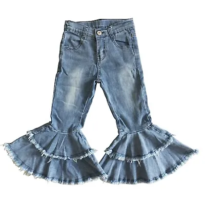 $21.99 • Buy Girls Light Blue Denim Double Flare Jeans Bell Bottoms