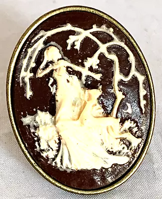 Vintage Cameo Ring Large Oval Brass Brown Deer Fawn Diana Huntress Resin Size 7 • $18.79