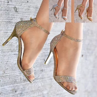 £18.95 • Buy Ladies Diamante Heeled Sandals Ankle Strap Shoes Sparkly Barely There Heels Size