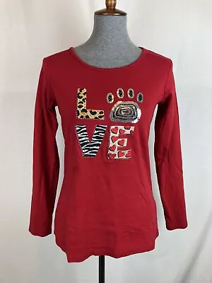 Quaker Factory Women's XXS Long Sleeve Blouse Red Embroidered Love Animal Print • $10