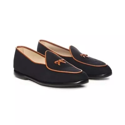 Belgian Shoes Mr Casual $675 Black W/ Tan Trim Linen Loafers Men's US 11 • $395