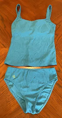 Vintage LAUREN RALPH LAUREN 6 Two-Piece Tankini Swimsuit Turquoise Blue Textured • £20.89