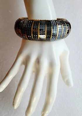 Vintage Chunky Domed Silver Grey Mirror Tiles Mosaic Bangle Bracelet Gold Detail • $13.92