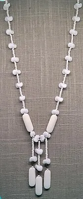 Vintage Miriam Haskell Signed 25  Milk Glass Beaded Dangle Pendant Necklace  • $20