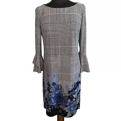 Gabby Skye Black White Blue Print Bell Sleeve Dress Size 10 • $18.59