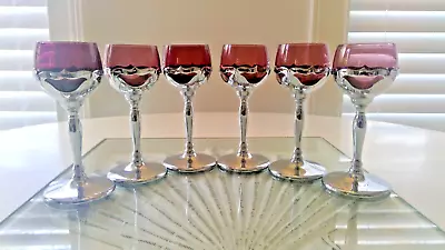 $65 • Buy 6 Vtg Krome Kraft Farber Bros Art Deco Cambridge Amethyst Wine Liquor Cordials